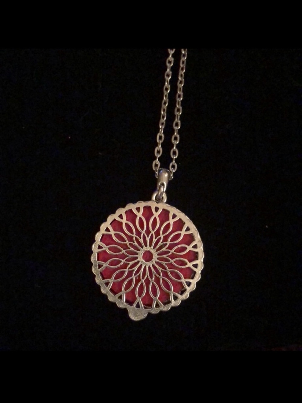 Essential Oil Diffuser Aromatherapy Daisy pattern. 24” Silver necklace.